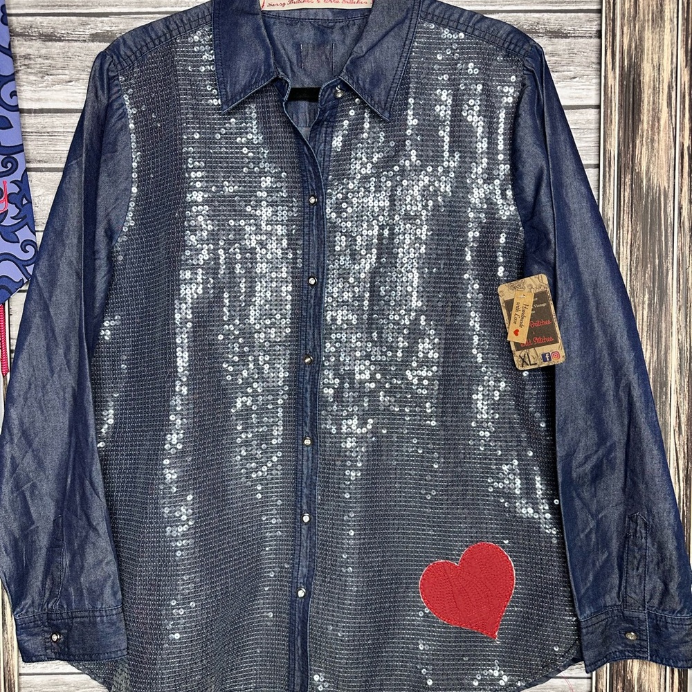 UpCycled Recycled Reworked Sequin Leopard Denim Chambray Shirt Chico 2 XL Gypsy